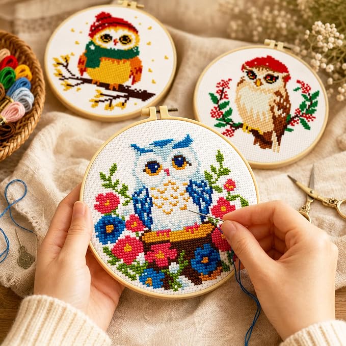 Zhenqing 3-Piece Owl Cross Stitch Kit Stamped Embroidery Kit 11CT Printed Aida - Image 3