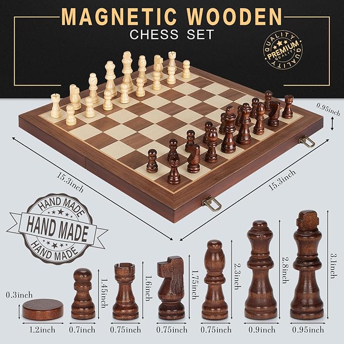 2 in 1 Magnetic Chess Set & Checkers Board Game, 15" Wooden Folding Chess Board with 2 Extra Queens, Portable Travel Chess Set with Pieces Storage Slots, Beginner Chess Board Game for Adults & Kids