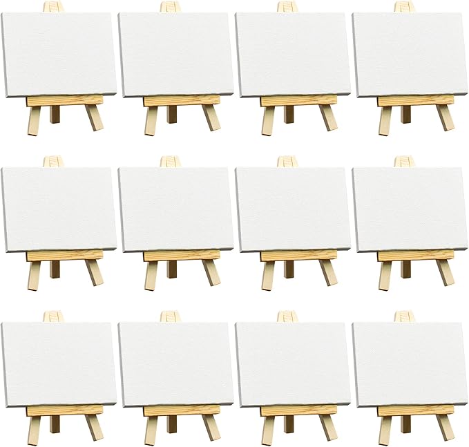 FIXSMITH 3x4 Inch Mini Stretched Canvas Easel Set- Bulk Pack of 12,Set Contains 12 Rectangle Canvases &12 Mini Easels,Small White Art Canvases & Wood Easels for Painting Craft Drawing Decoration