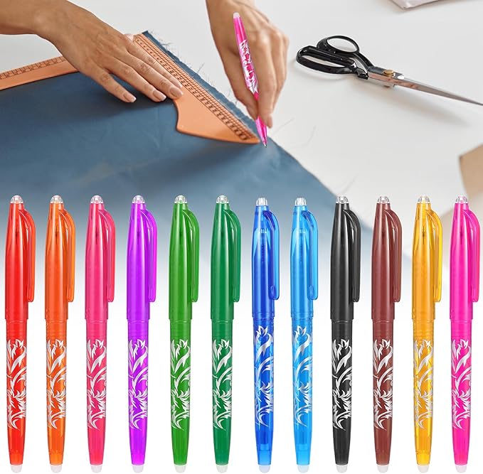 12pcs Heat Erasable Pens for Fabric, Fabric Marking Pens Fabrics Markers No Ghost Lines, Disappearing Ink for Precise Marking for Quilting Sewing Embroidery DIY Dressmaking Fabrics Tailors Chalk
