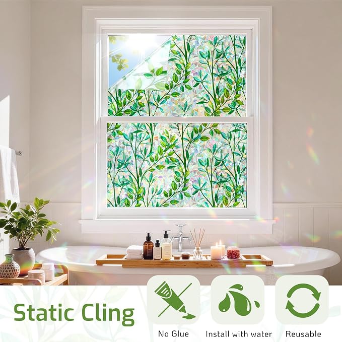 LUTE Stained Glass Window Privacy Film, Leaf Rainbow, 23.6" X 157.4" | No Glue - Image 6