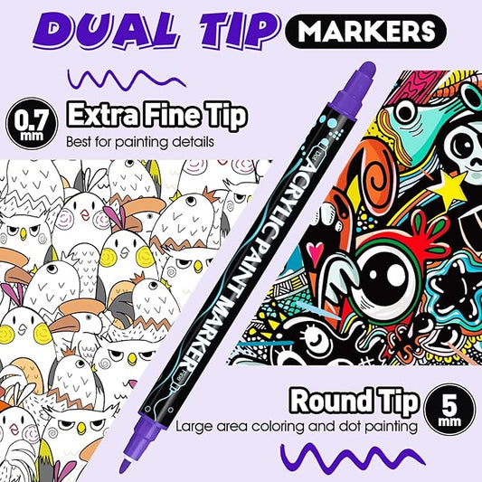 FUMILE 48 Colors Acrylic Paint Marker Dual Tip(Fine and Dot Tip), Paint Pens Acrylic Markers for Wood, Rock, Plastic, Glass, Ceramic, Canvas.Acrylic Markers Set for DIY Christmas Card and Art