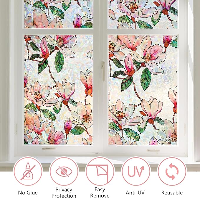 Kromapolis Window Privacy Film, Stained Glass Sticker Floral Window Clings - Image 6