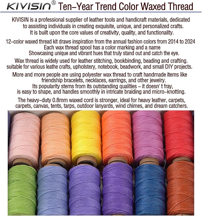 KIVISIN Trendy Color Waxed Thread 0.8mm, Heavy Duty Wax Polyester Cord 32 Yards String Spools Wax Coating for Bracelets Braiding, Micro Knotting, Sewing, Stitching, Book Binding, Micro Macrame Making