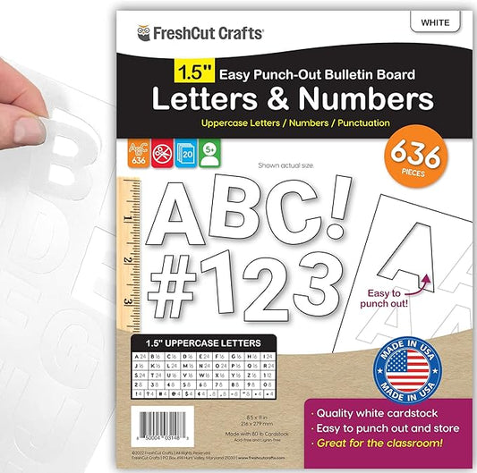 FreshCut Crafts 636 Pcs 1.5 in. White Bulletin Board Letters & Numbers, Capital Alphabet Letters, Numbers, Punctuation, US Made Card Stock Punch Out Letters for Posters, Bulletin Boards, Classroom