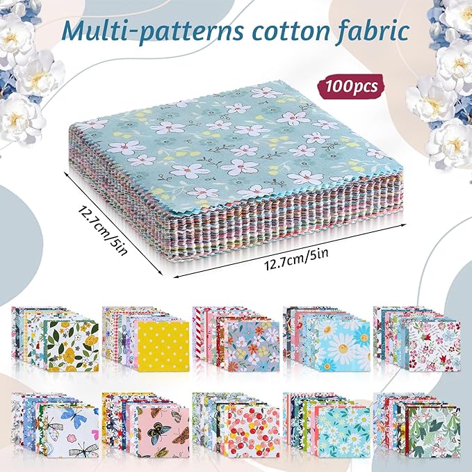 100 Pcs 5"x 5" Charm Packs for Quilting, Precut Multi-Color Printed Floral - Image 3