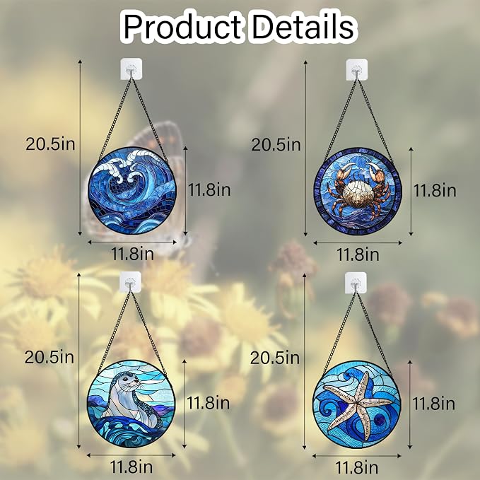 DASTOLL Stained Glass Window Hanging 4 Pcs Set Blue Ocean Waves Large 11.8" - Image 6