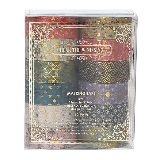 12 Rolls Charming Washi Tape Set Gold Silver Foil Detailing Arts Adhesive Tapes Basic Patterns Decorative Masking Tape Sets for Craft, Kids, Scrapbook, DIY, Gift Wrapping (Golden Galaxy)