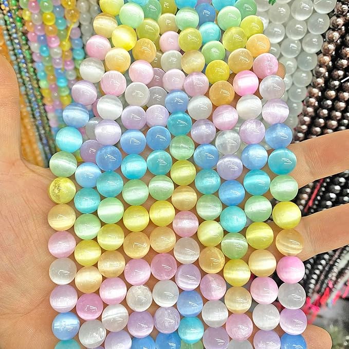 90PCS 4MM Natural Stone Colorful Selenite Gypsum Beads Round Loose Beads for Jewelry Making DIY Bracelet Necklace Accessories 15" Energy Healing Power Stone Beads