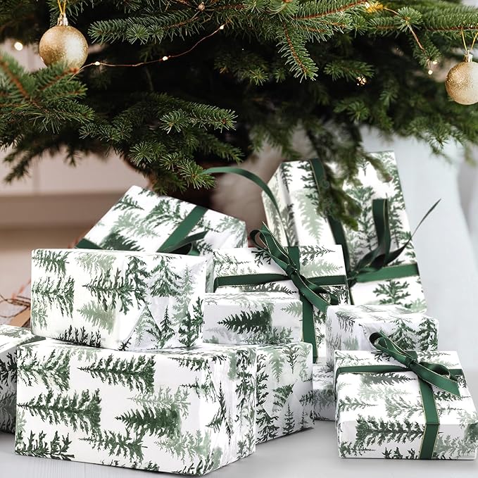 100 Sheets Christmas Tree Tissue Paper, 20x14in Forest Style Wrapping Tissue Watercolor Xmas Tree Art Tissue for Xmas Party Gift Bag Fillers Winter Party Decor (Green)