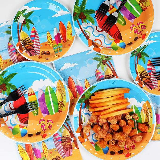 100 Pcs Summer Beach Surfing Party Paper Plates Napkins Supplies - Image 5