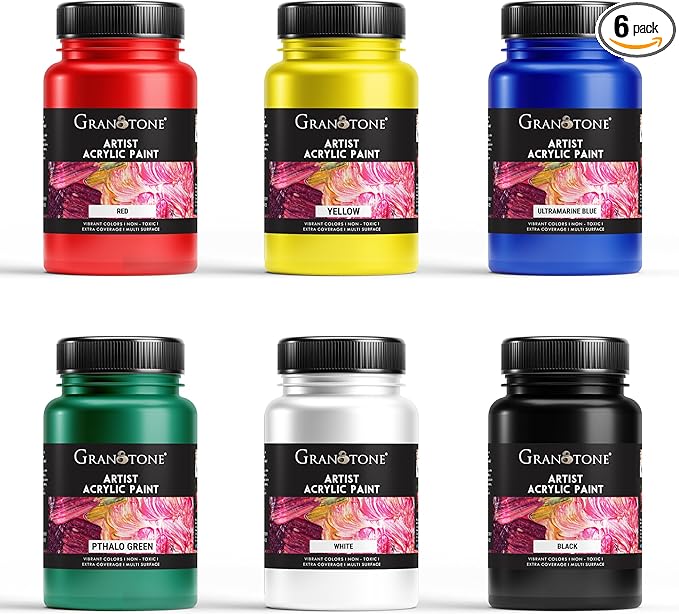GRANOTONE Acrylic Paint Set - 6 Primary Colors, 3.5 oz Each | Non-Toxic Student Acrylics for Artists, Kids & Hobbyists | Ideal for Painting & Crafting | Vibrant & Safe Art Supplies | Made in India