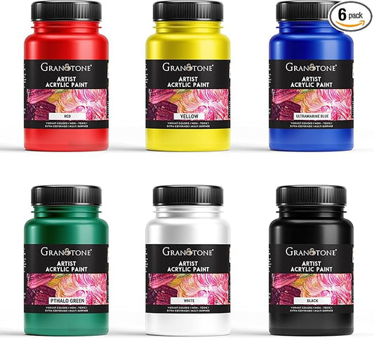 GRANOTONE Acrylic Paint Set - 6 Primary Colors, 3.5 oz Each | Non-Toxic Student Acrylics for Artists, Kids & Hobbyists | Ideal for Painting & Crafting | Vibrant & Safe Art Supplies | Made in India