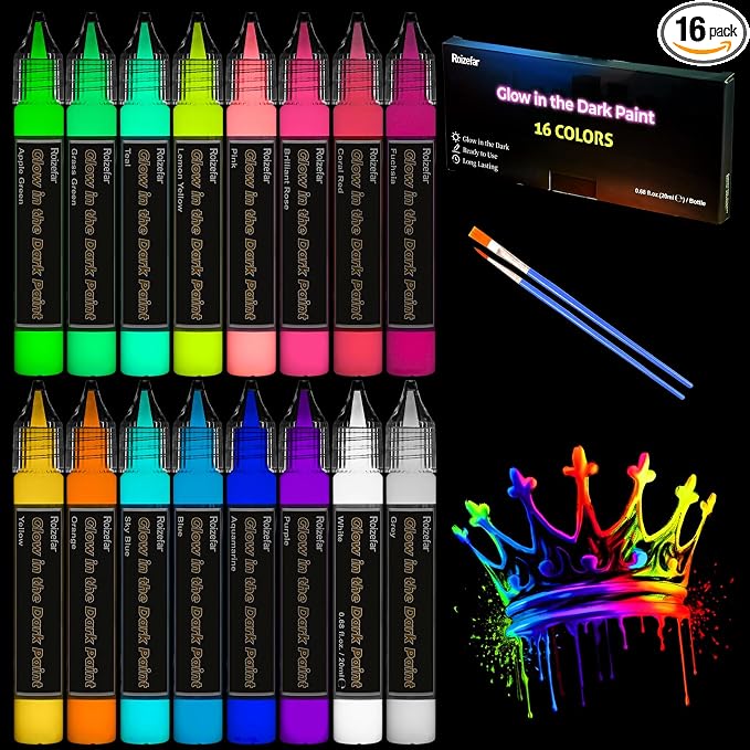 Roizefar Glow in the Dark Paint, 16 Colors 3D Permanent Acrylic Fabric Paints by Roizefar