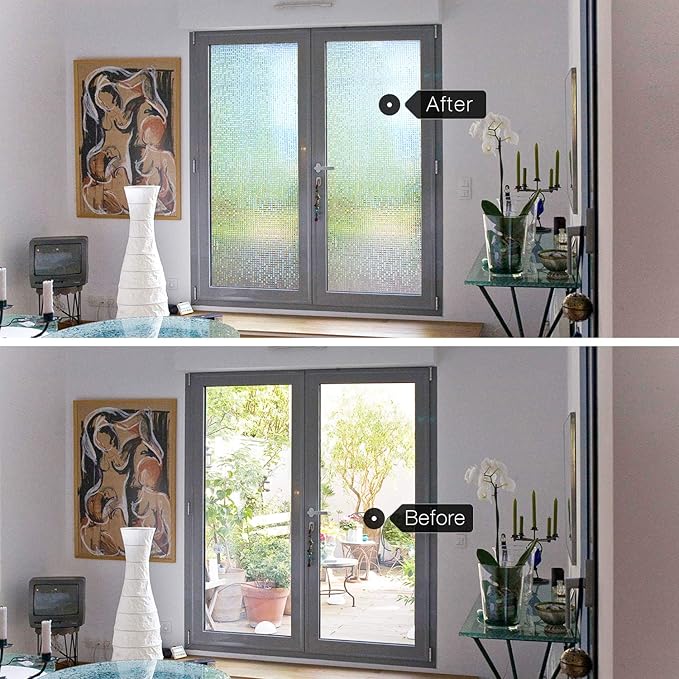 HIDBEA 3D Decorative Window Privacy Film Non-Adhesive Heat Control UV Blocking Static Cling Removable Vinyl Glass Tint for Home and Office, 35.4 inches x 32.8 feet, Mosaic Patterns