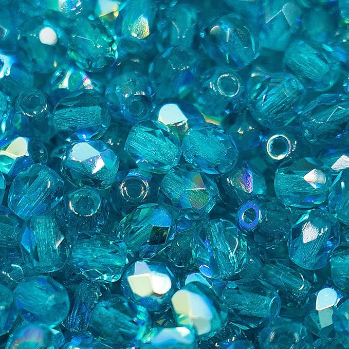 100pcs Faceted Fire Polished Pressed Czech Glass Beads 4mm (0.16in), Aqua Blue AB 60150-27801