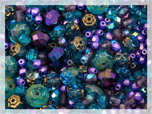 1.8oz (50g) of Blue Purple Mix of Czech Faceted Fire Polished Beads (Round, Catherdal, Rondelle)