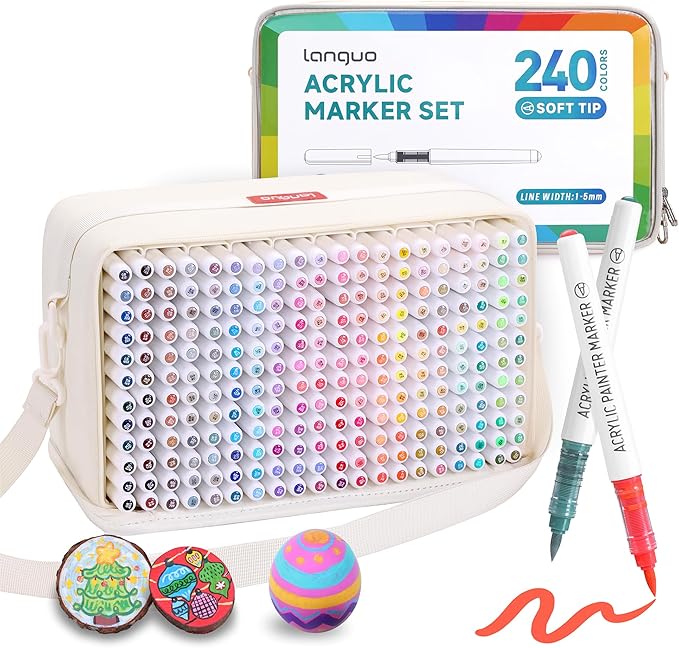 240 Colors Acrylic Paint Markers, Soft Brush Tip Marker Pens Set with Marker Bag, Acrylic Paint Pens for Fabric, Wood, Stone, Canvas, Glass, Egg, Rock Painting, DIY Crafts and Art Supplies