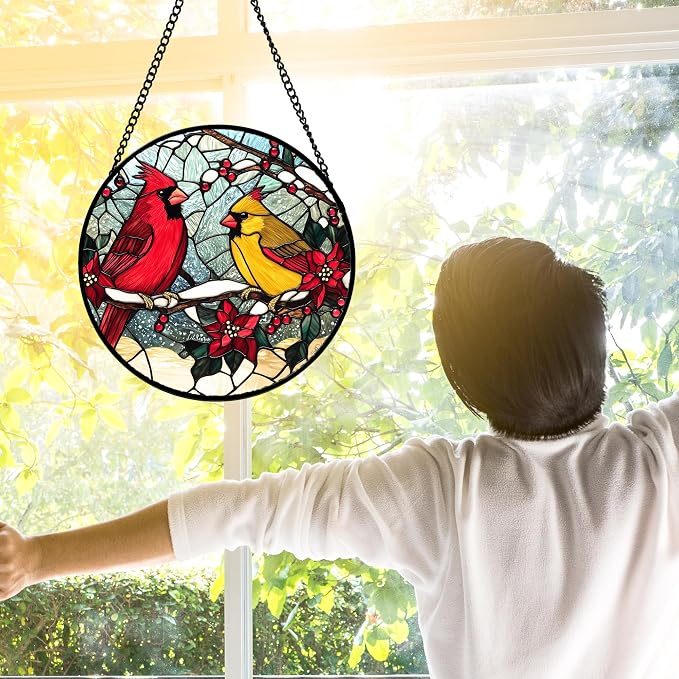 DASTOLL Stained Glass Window Hanging, Love Birds Cardinals Sun Catchers - Image 2