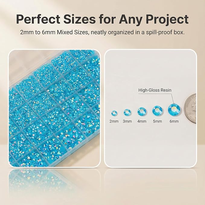 36000Pcs Turquoise Rhinestones for Bedazzling, Mixed Sizes 2-6mm Flatback Gems - Image 3