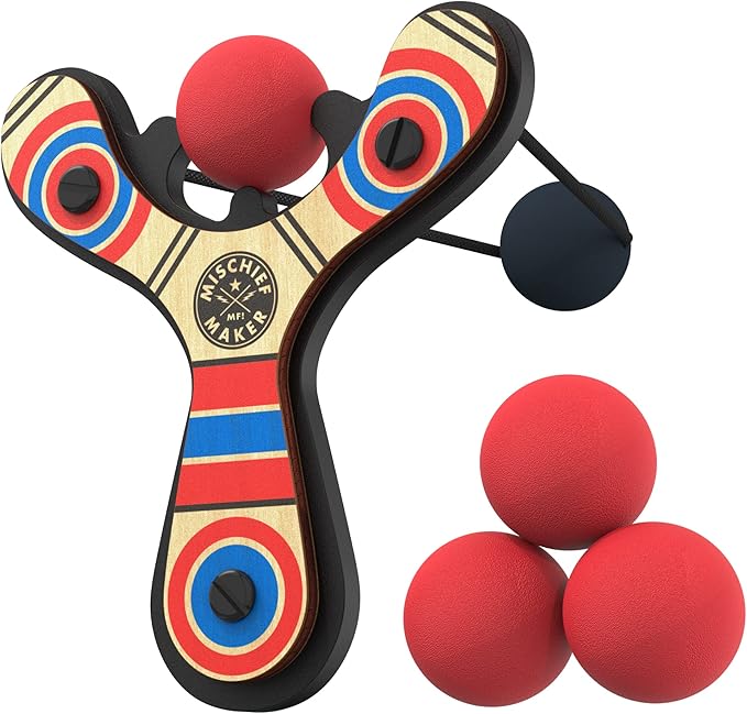Mighty Fun! - Mischief Maker® Wooden Slingshot - Classic Series - Real Wood Slingshot for Kids, 4 Soft Foam Balls and Storage Bag - Ages 4+ (red)