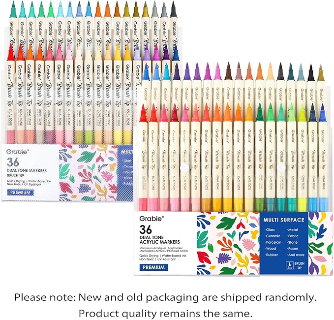 Grabie 72 Colors Acrylic Paint Markers, Soft Brush Tip Acrylic Markers Set, Paint Pens for Wood, Fabric, Canvas, Glass, Stone, Canvas, Rock Painting and DIY Crafts Art Supplies, Set of 36