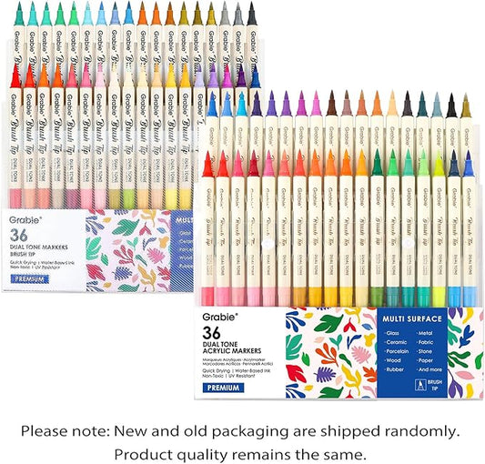 Grabie 72 Colors Acrylic Paint Markers, Soft Brush Tip Acrylic Markers Set, Paint Pens for Wood, Fabric, Canvas, Glass, Stone, Canvas, Rock Painting and DIY Crafts Art Supplies, Set of 36