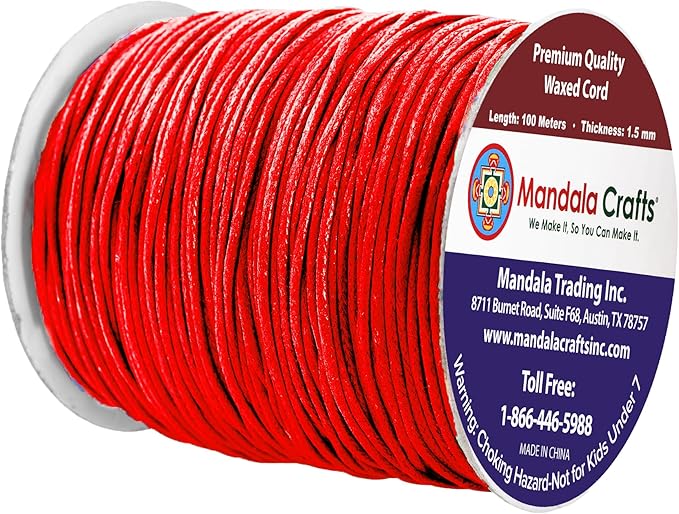 Mandala Crafts 1.5mm 109 Yards Red Cotton Waxed Cord for Jewelry Making Bracelet Cord Waxed String - Beading String Thread Jewelry Cords for Necklaces String
