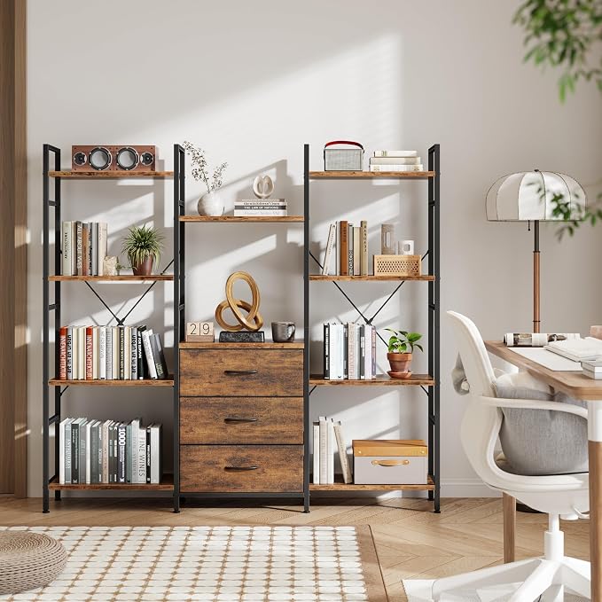 AFLUI Triple Bookshelf with 3 Fabric Drawers, 4-Tier Book Shelf and 10 Display - Image 9