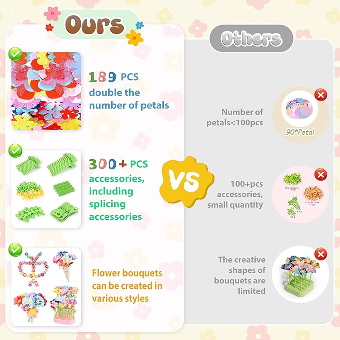 GirlsHome 300+PCS Fabric Flower Bouquets Toys, DIY Flower Crafts Kits for Kids, Arts and Crafts for Kids Ages 6-8 Girls, Build Flower Bouquet, STEM Educational Toy Preschool Gifts (Green Brown)