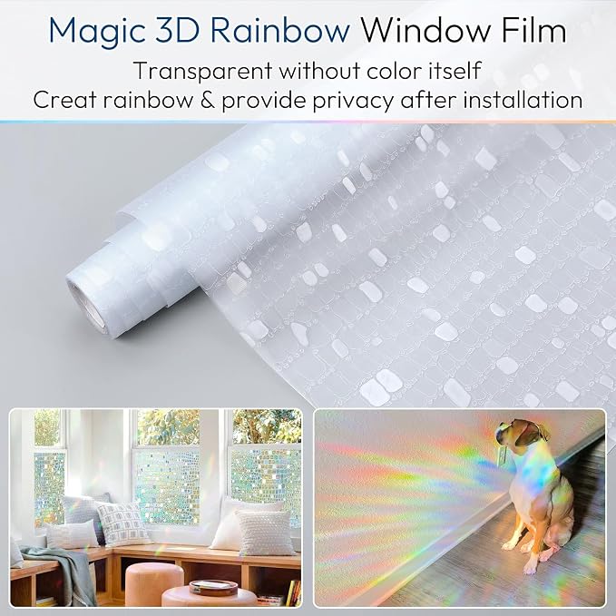 rabbitgoo Window Privacy Film Decorative Rainbow Cling, 35.4" x 78.5" | 3D - Image 6