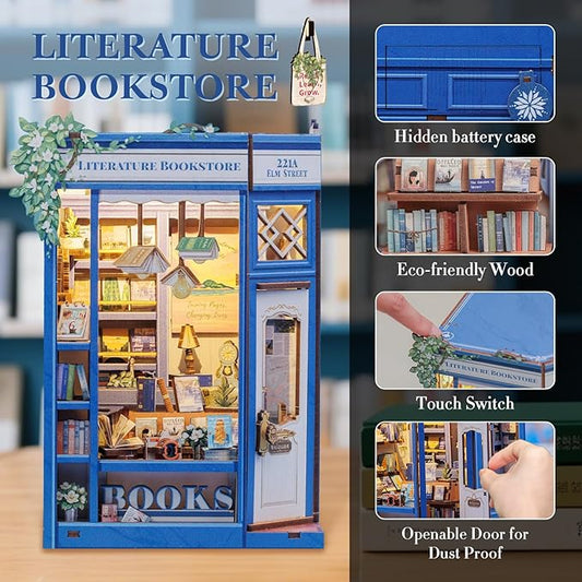 Fsolis Book Nook Kit - DIY Miniature Dollhouse Kit 3D Puzzles for Adult Tiny House Mini Booknook Craft Bookshelf Decor, 186 Wooden Pieces, Gifts for Women Teenagers Book Lovers (Literature Bookstore)