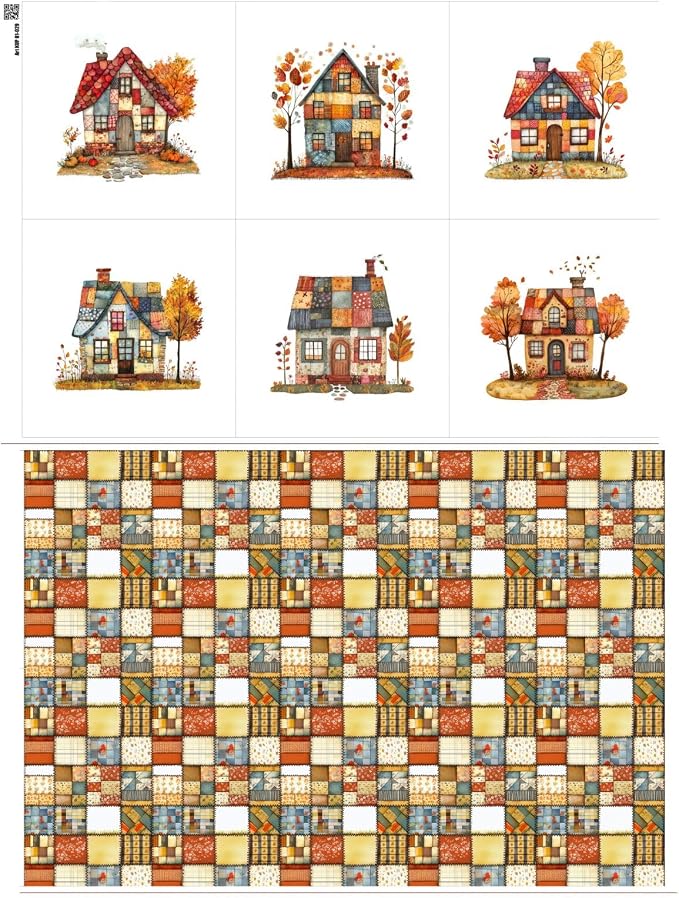Cozy Autumn Patchwork House Fabric Panel – Six 10×10 inch Designs + Bonus by FabricsTown