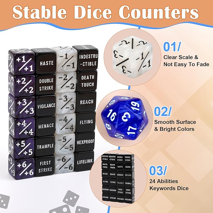 50PCS MTG Dice Counters, 24PCS Abilities Keywords/ 24P -1/+1 Buff Tokens/ 2P D20 Cube Dices/Storage Bag, MTG Counters for TCG Card Games