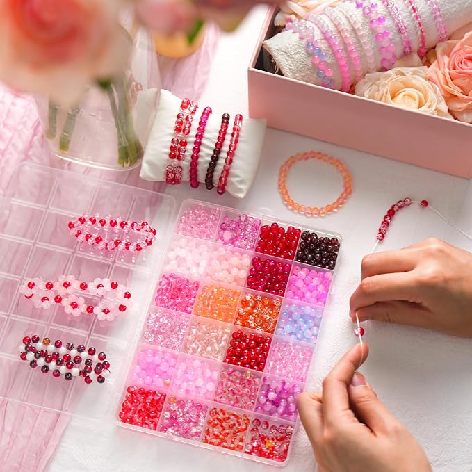 1200PCS 6mm Pink Glass Beads for Bracelets, 24 Colors Red and Pink Series - Image 3