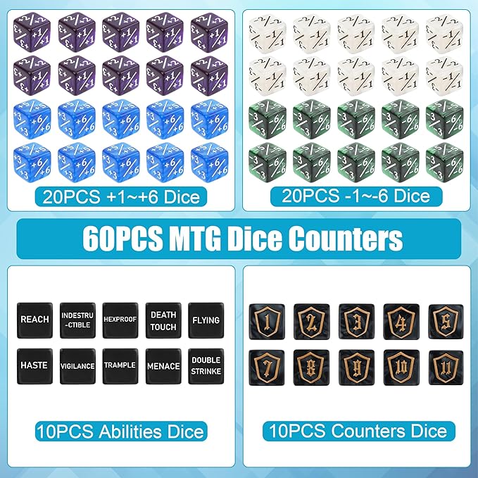 60PCS MTG Counters Set, Anglekai MTG Dice Counters for TCG Card Games, 10P Life Ability Keywords/ 40P -1/+1 Buff Tokens/ 10P Shield/Bag