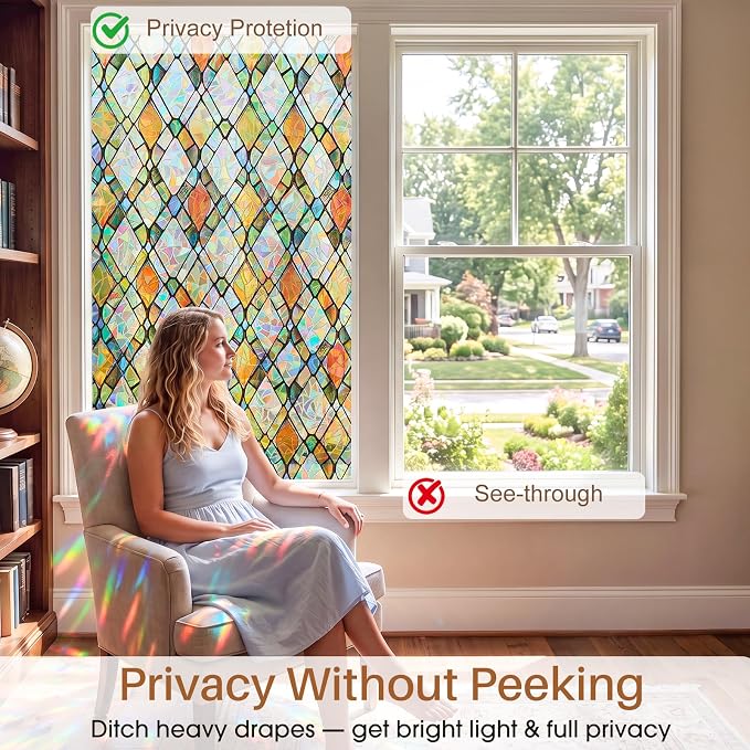 Window Privacy Film, Stained Glass Static Cling Rainbow Stickers 35.4" x - Image 3