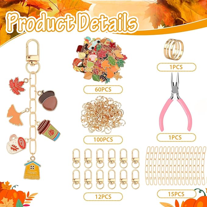 AUGSUN 189Pcs Fall Keychain Making Kit Autumn Thanksgiving Keychain Craft | - Image 2