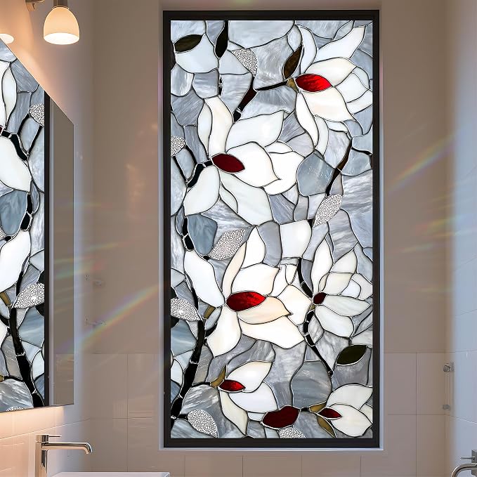 Stained Glass Window Privacy Film: Non-Adhesive Sun and Landscape Mosaic Design by AOHMPT