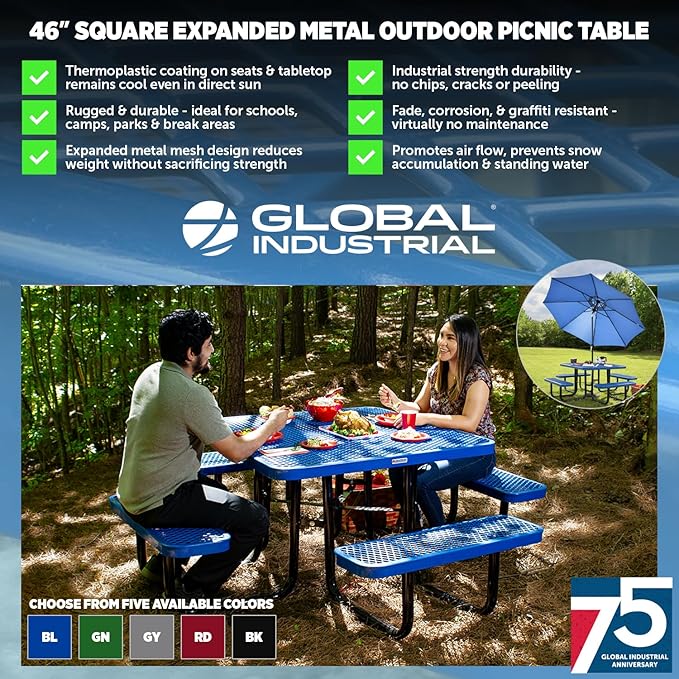 Global Industrial 46" Square Picnic Table, Expanded Metal, Blue Thermoplastic Coating, Attached Benches, 1-1/2” Umbrella Pole Hole, Outdoor-Rated, 1000 lb Capacity
