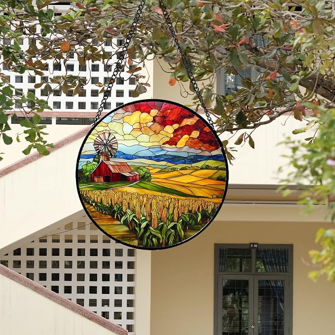 Stained Glass Window Hanging Autumn Farm Corn Harvest Landscape 9.8" - Image 4