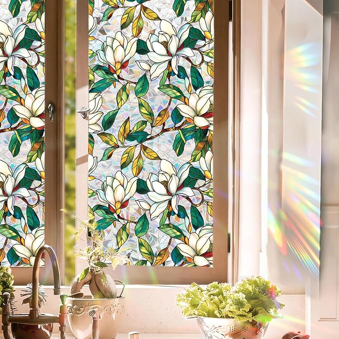 Floral Stained Glass Window Privacy Film, Retro Decorative Rainbow Window by UQRUI