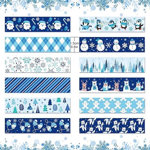 12 Pcs Christmas Washi Tape Blue Snowflake Print Masking Tape Frozen Pattern Decorative Paper Sticker for Christmas Party Holiday Scrapbook Handbook Sticker