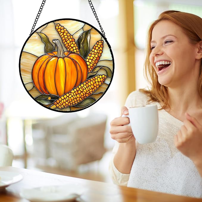 DASTOLL Stained Glass Window Hanging Autumn Harvest Pumpkin Corn 6.3" - Image 4