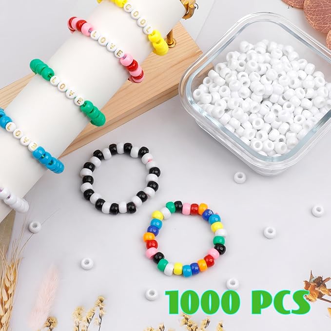 1000Pcs Pony Beads Bracelet 9mm White Plastic Barrel Pony Beads - Image 3