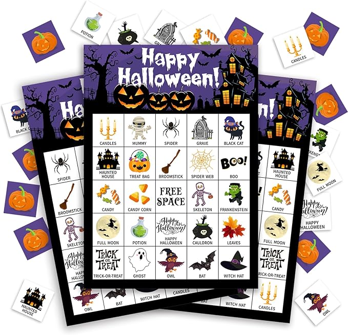 Halloween Bingo Game Cards, 24 Players Halloween Bingo Game for Teens Adults, Holiday Party Favors Supplies