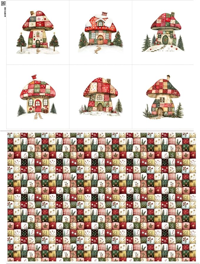 Christmas Patchwork Mushroom House Fabric Panel – Single Continuous Cotton by FabricsTown