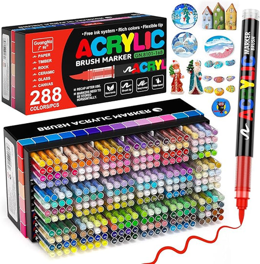 288 Colors Acrylic Paint Markers Soft Brush Tip, Water-Based Paint Pens with Automatic Ink Control System, Odorless, Waterproof, Quick-Dry, Lightfast, for Rock Painting, Canvas, Wood, Egg & DIY Crafts