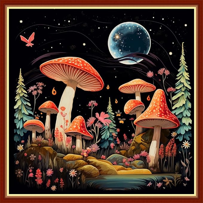 Foxhool Beginners Cross Stitch Kits Stamped Full Range of Embroidery Kits for Adults DIY Cross Stitches kit Embroidery Patterns for Needlepoint kit-Colorful Mushrooms 17.7x17.7 inch
