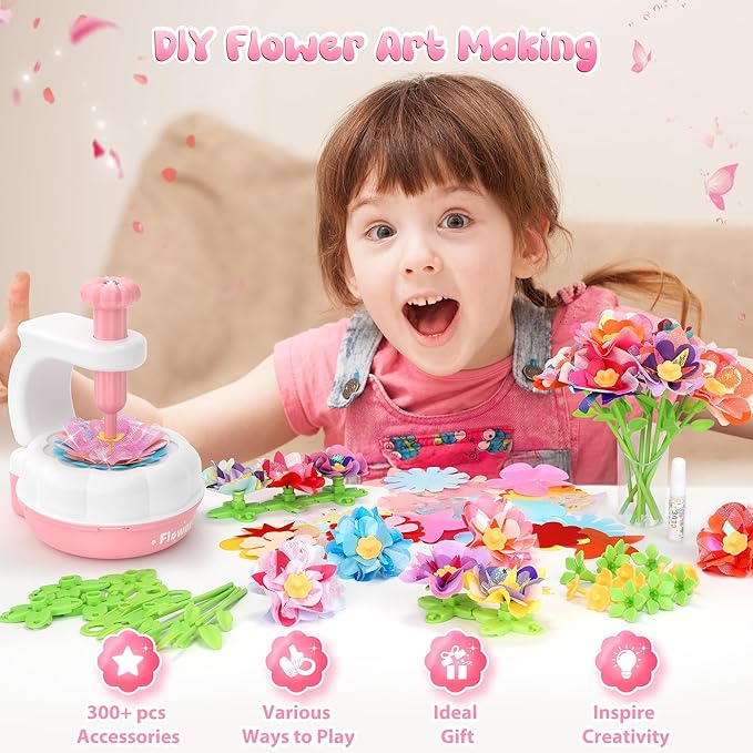 GirlsHome 300+PCS Fabric Flower Bouquets Toys, DIY Flower Crafts Kits for Kids, Arts and Crafts for Kids Ages 6-8 Girls, Build Flower Bouquet, STEM Educational Toy Preschool Gifts (White Pink)